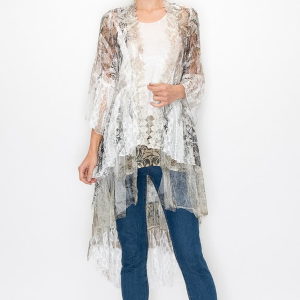 new ORIGAMI DESIGNER Kimono cardigan duster wrap SM-4X western boho taupe/white